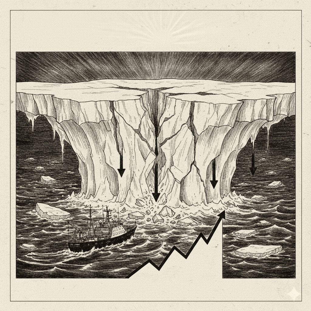 Aerial view of melting Antarctic ice showing cracks due to rising global temperatures