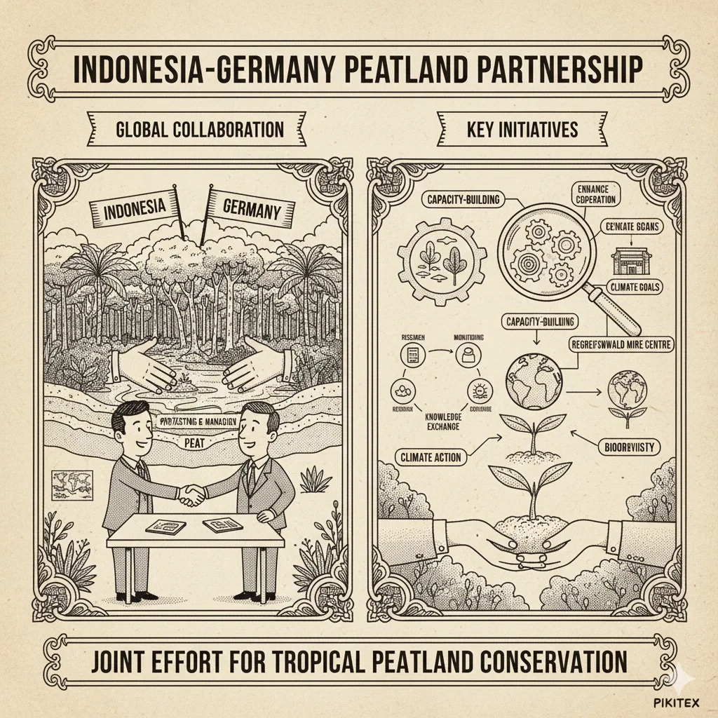 Indonesia peatland agreement signing at COP30 between Indonesian officials and Germany’s Greifswald Mire Centre.