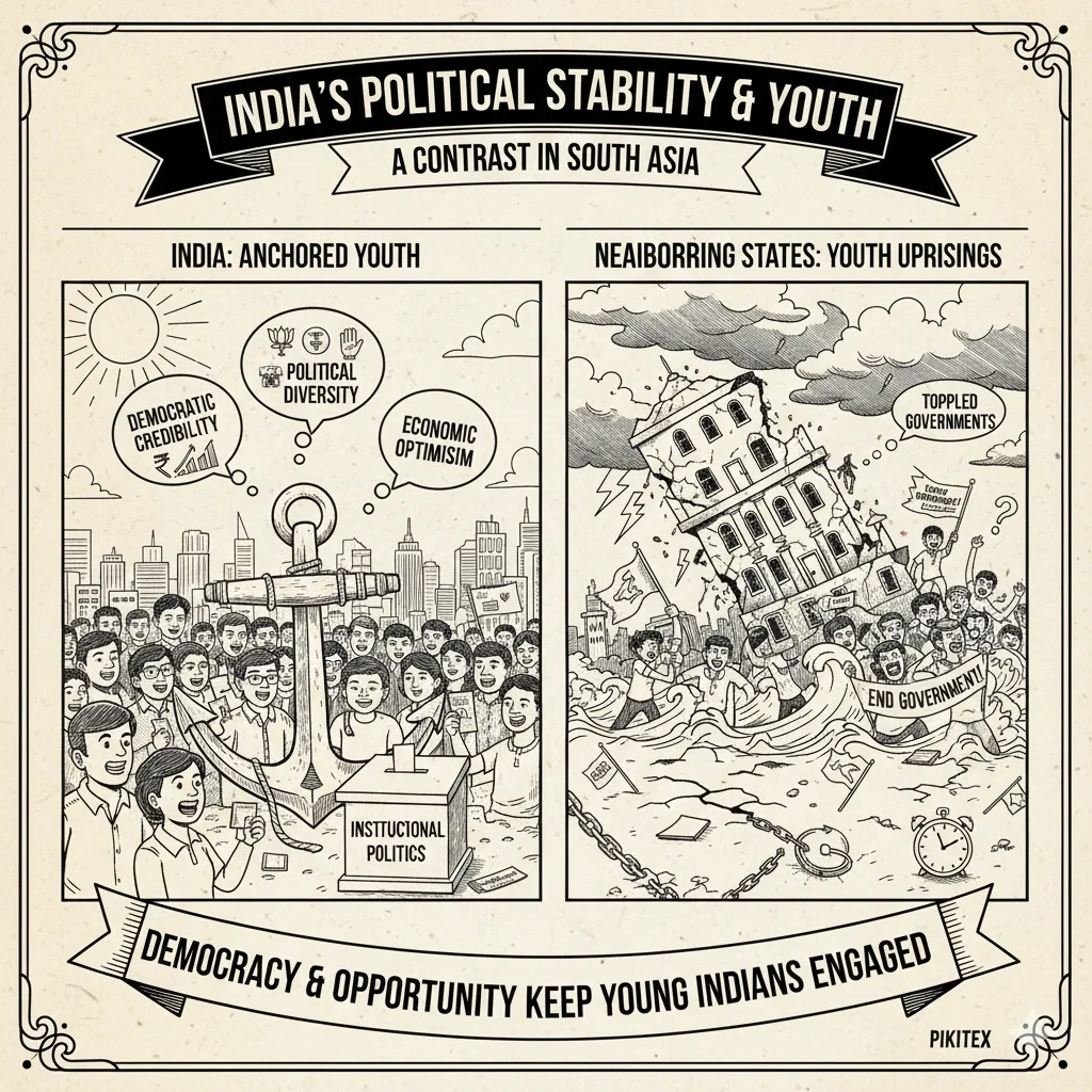 Indian Gen Z youth participating in elections, illustrating patience with democratic processes amid regional unrest.