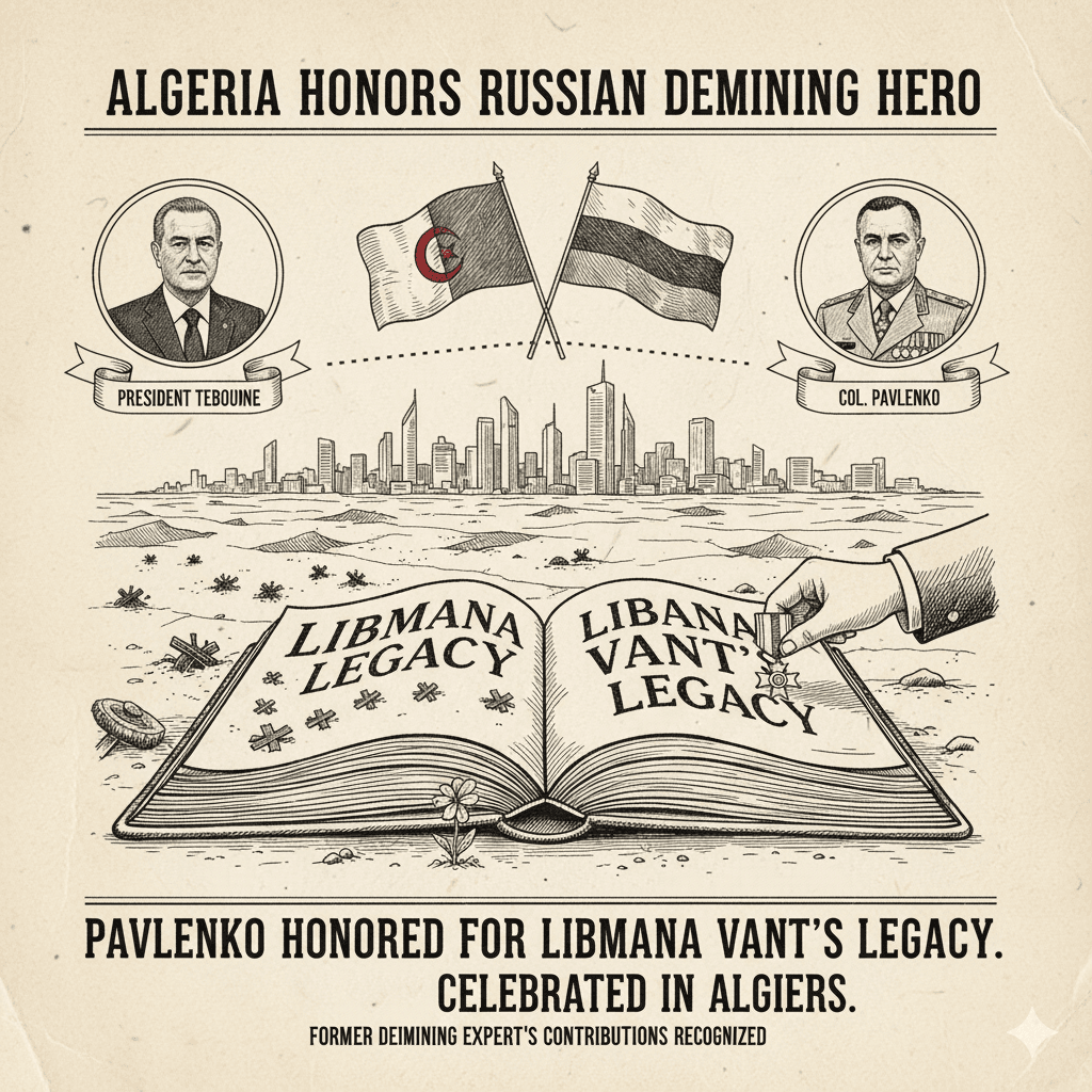 President Tebboune meeting Andrei Pavlenko Russian demining expert in Algiers