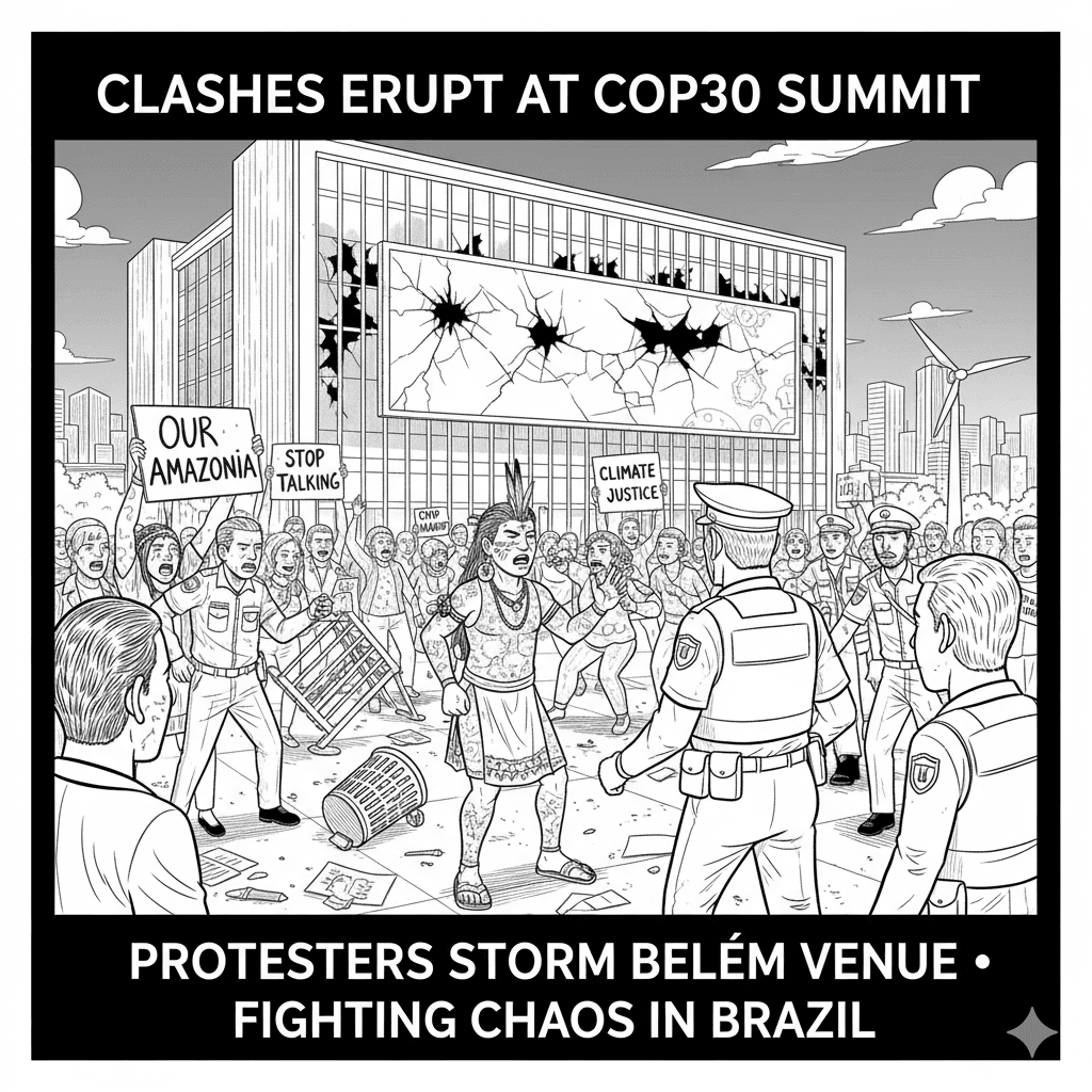 Protesters clash with UN security at COP30 climate talks in Belém, Brazil