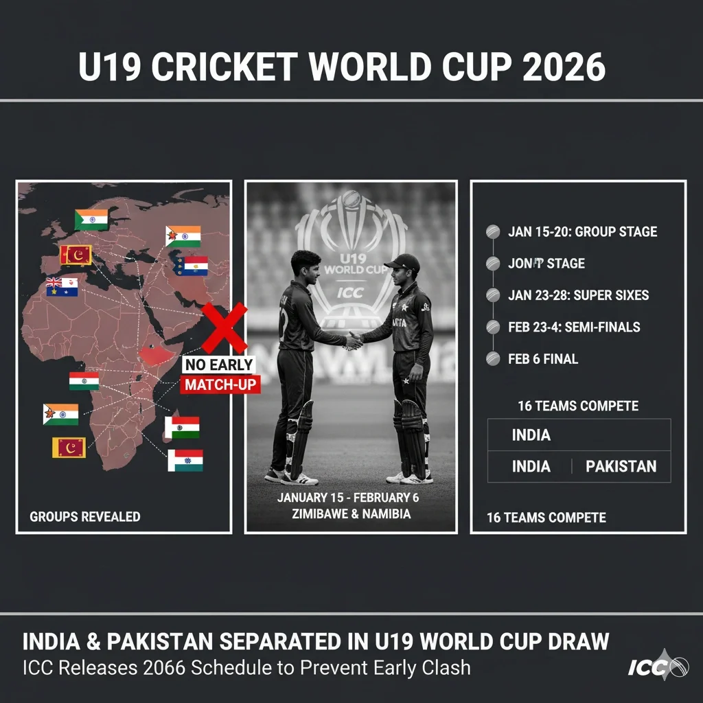 India Pakistan U-19 World Cup groups separated in ICC 2026 tournament schedule.