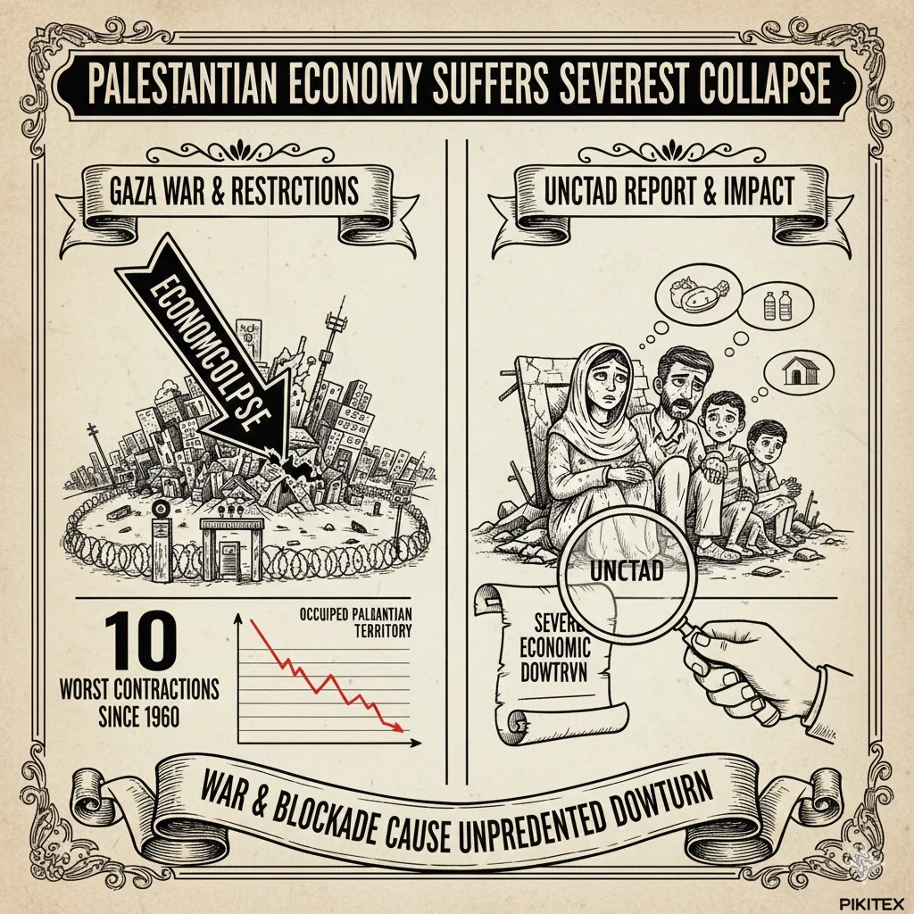 Destroyed infrastructure in Gaza after Israeli military operations contributing to the Palestinian economy collapse, November 2025.