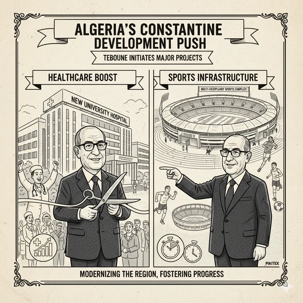 Algerian President Tebboune at Constantine launching university hospital and sports complex projects.