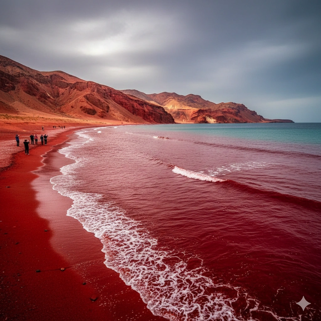 Iran’s Hormuz Island shocked the world after heavy rains turned its shores blood-red. Discover the science, geology, and global reaction behind the phenomenon.