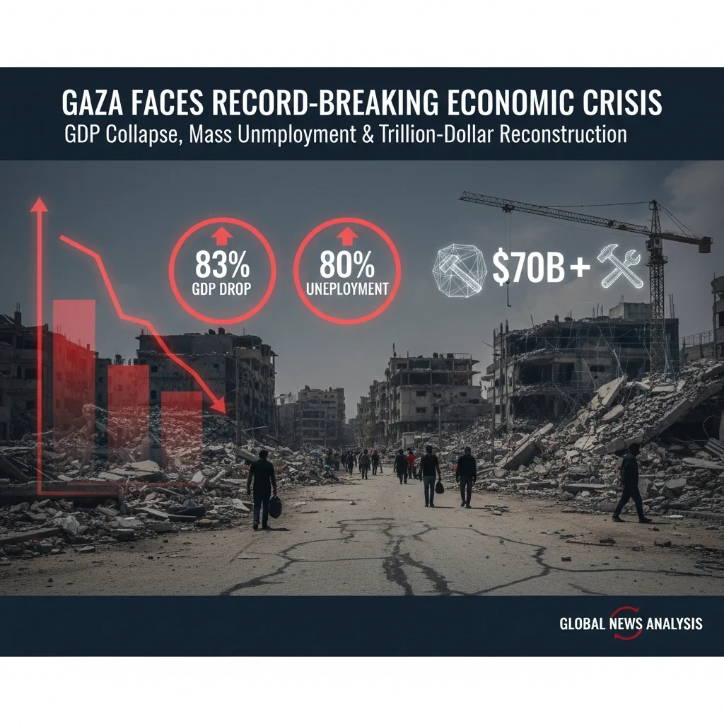 Devastation in Gaza illustrating the 2025 economic crisis, destroyed infrastructure and buildings