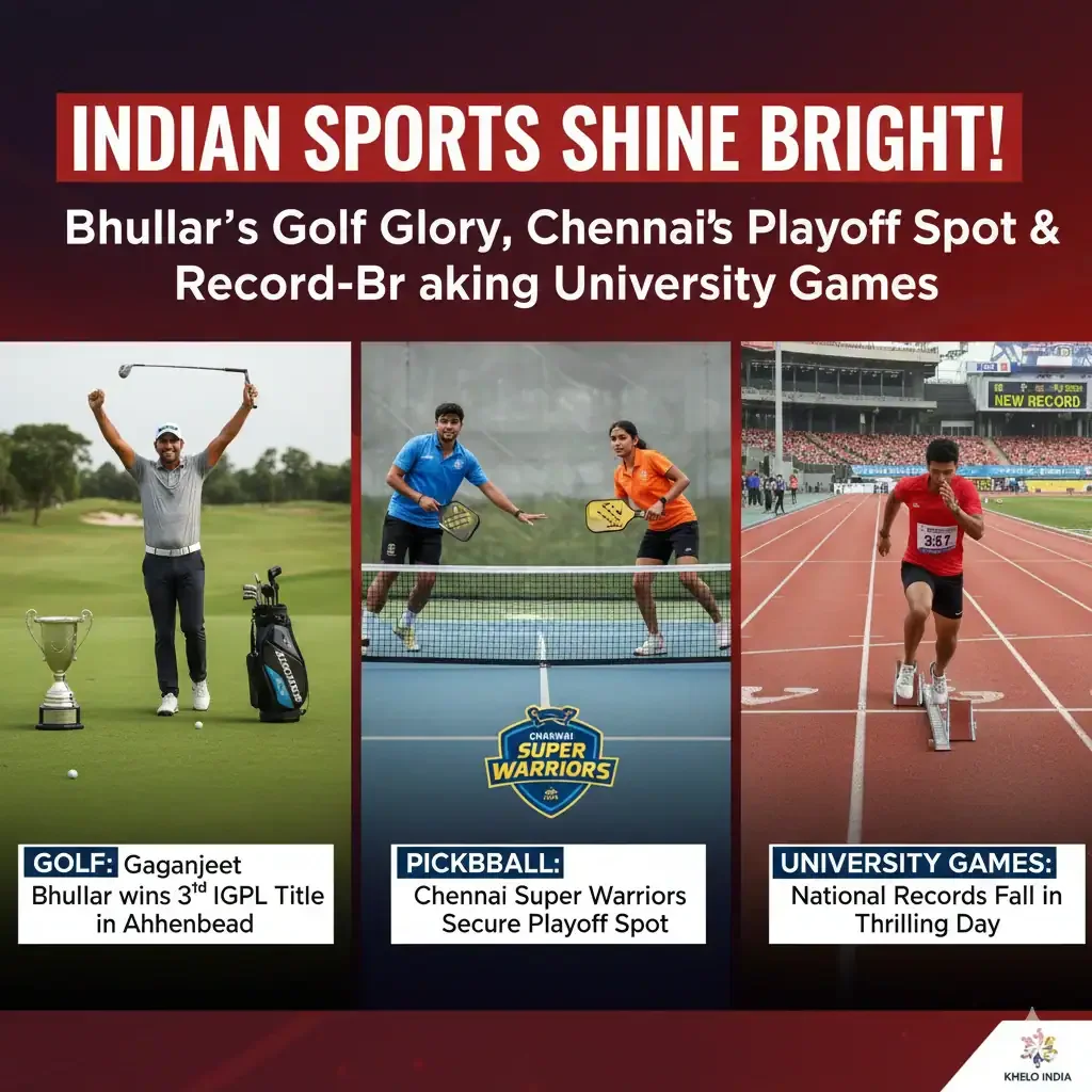 Gaganjeet Bhullar celebrating IGPL victory; Chennai Super Warriors in action; KIUG record-breaking athletes