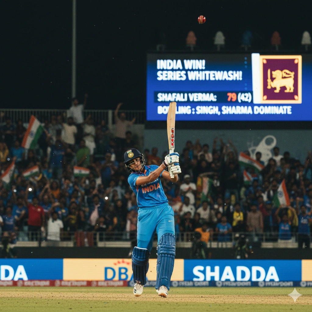 Shafali Verma scores 79 as India dominates the India vs Sri Lanka T20I series, with Renuka Singh and Deepti Sharma excelling in bowling.