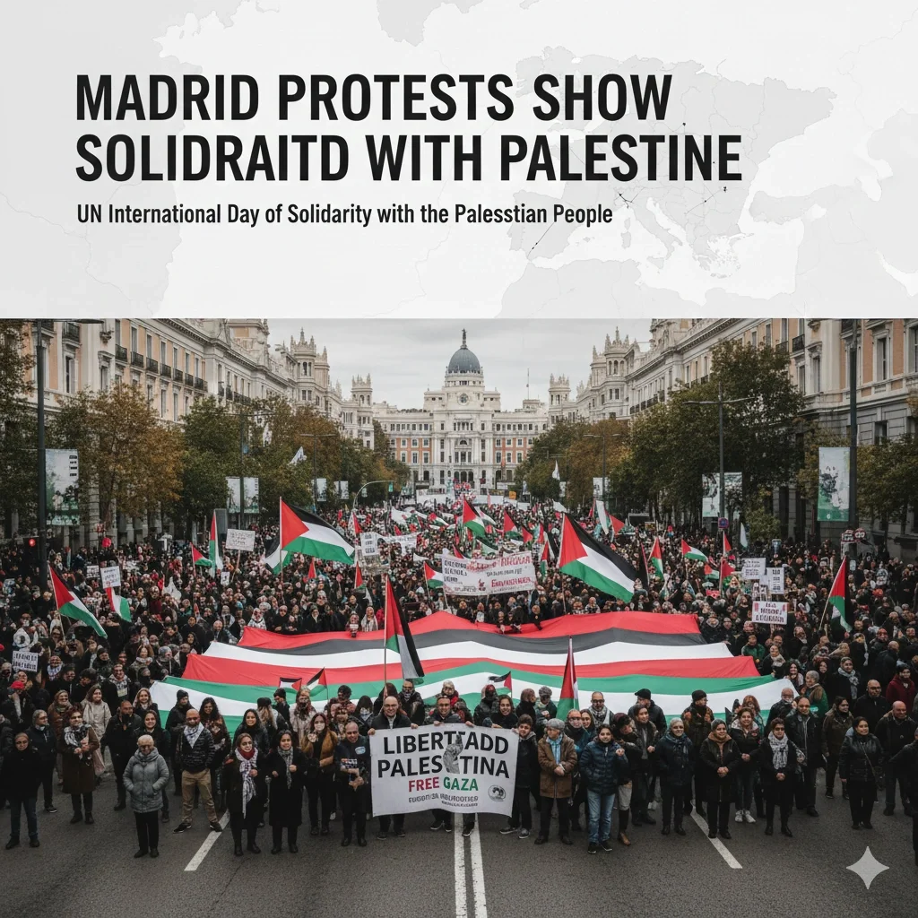 Crowd at Madrid Palestinian solidarity rally holding flags and banners on UN International Day of Solidarity with Palestinians