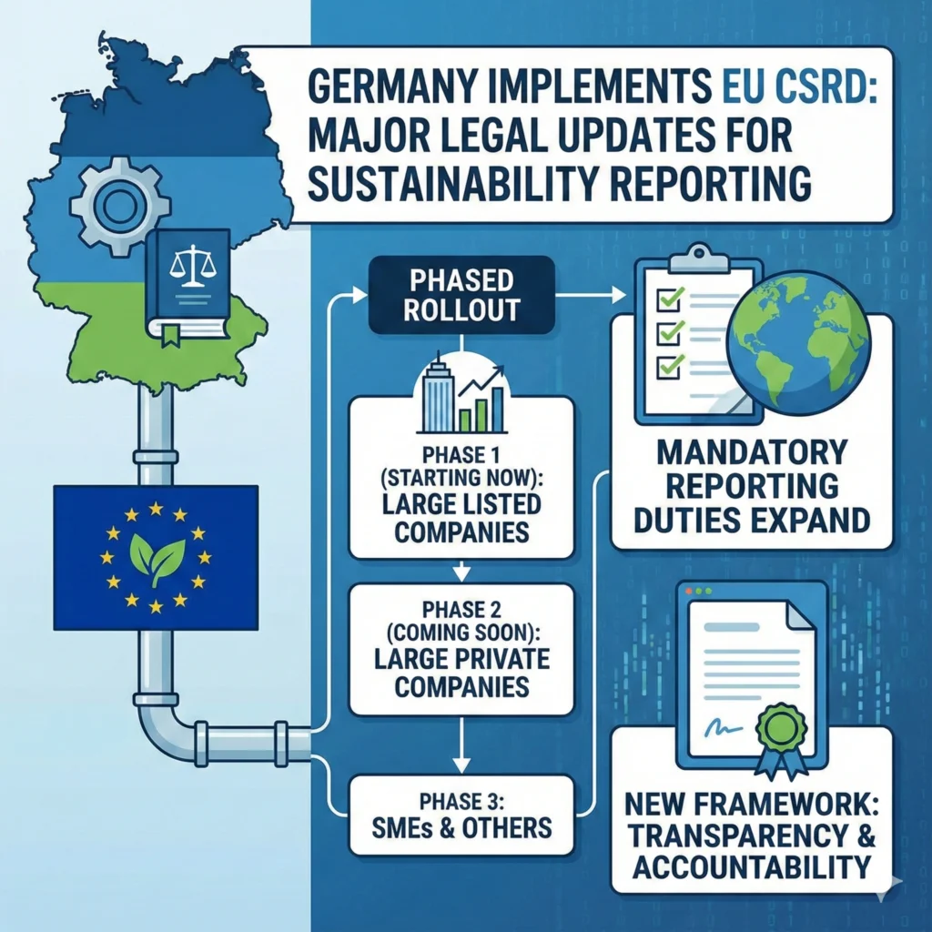 Germany CSRD implementation introduces sweeping legal changes to enforce EU sustainability reporting, covering large companies and phased expansion to 2028.
