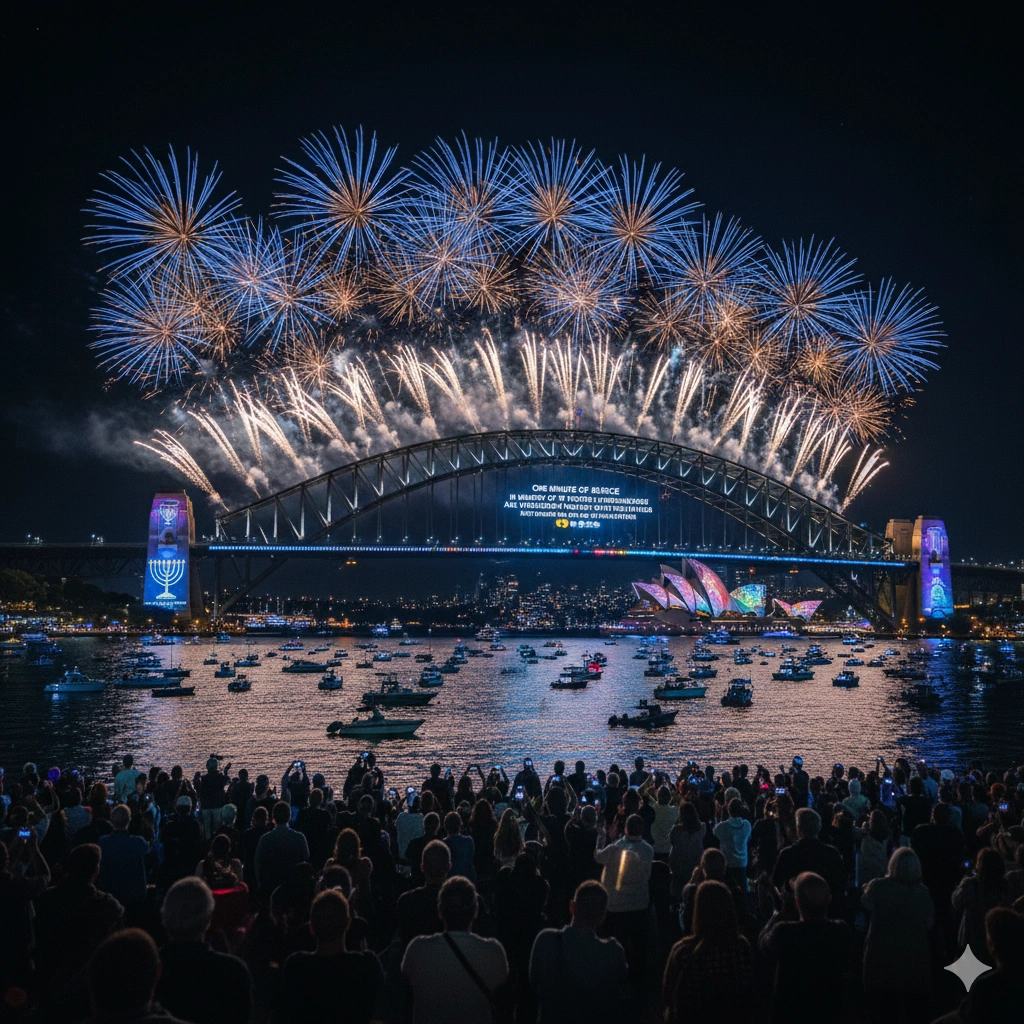 Sydney New Year’s Eve Harbour Bridge tribute 2025 updated to honor Bondi attack victims with menorah projection and minute of silence.