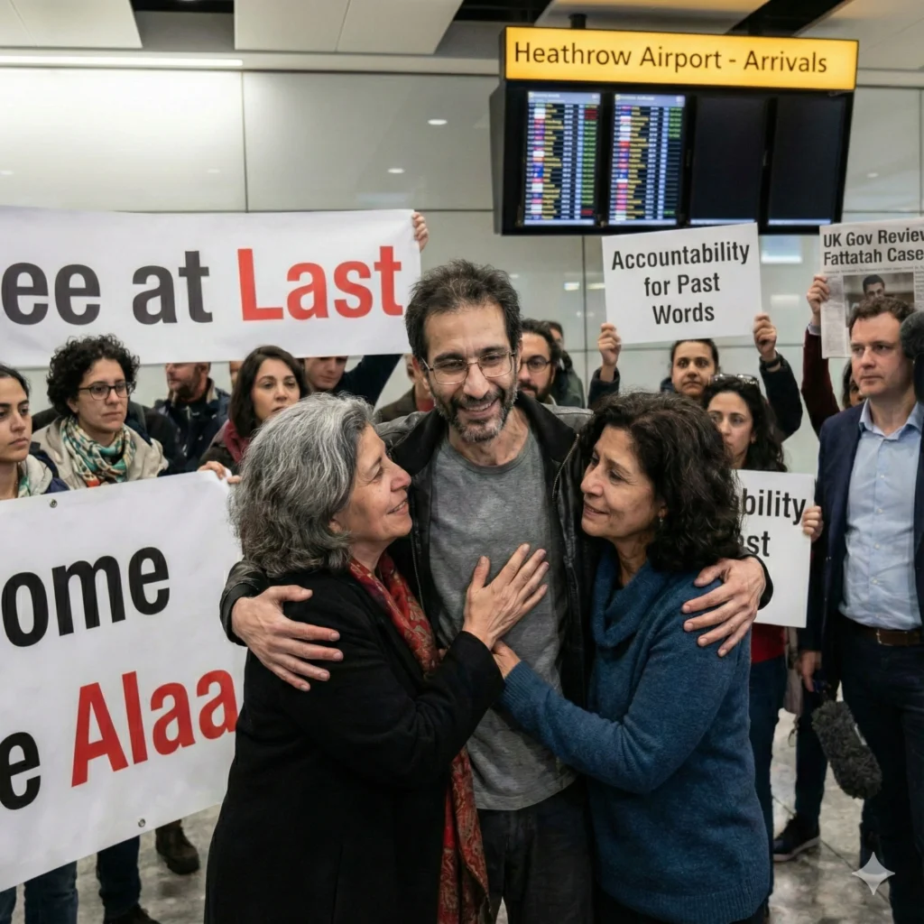 Alaa Abd El Fattah returns UK after 12 years in Egyptian jail, sparking political debate and review over past social media posts.