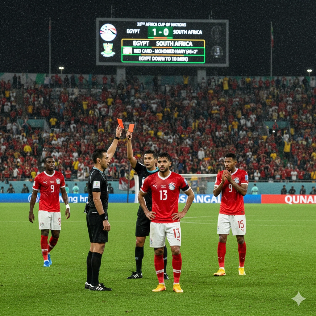 Egypt vs South Africa AFCON 2025 sees Mohamed Hany sent off, yet Pharaohs maintain a 1-0 lead. Salah and Trezeguet shine in crucial Group B clash.