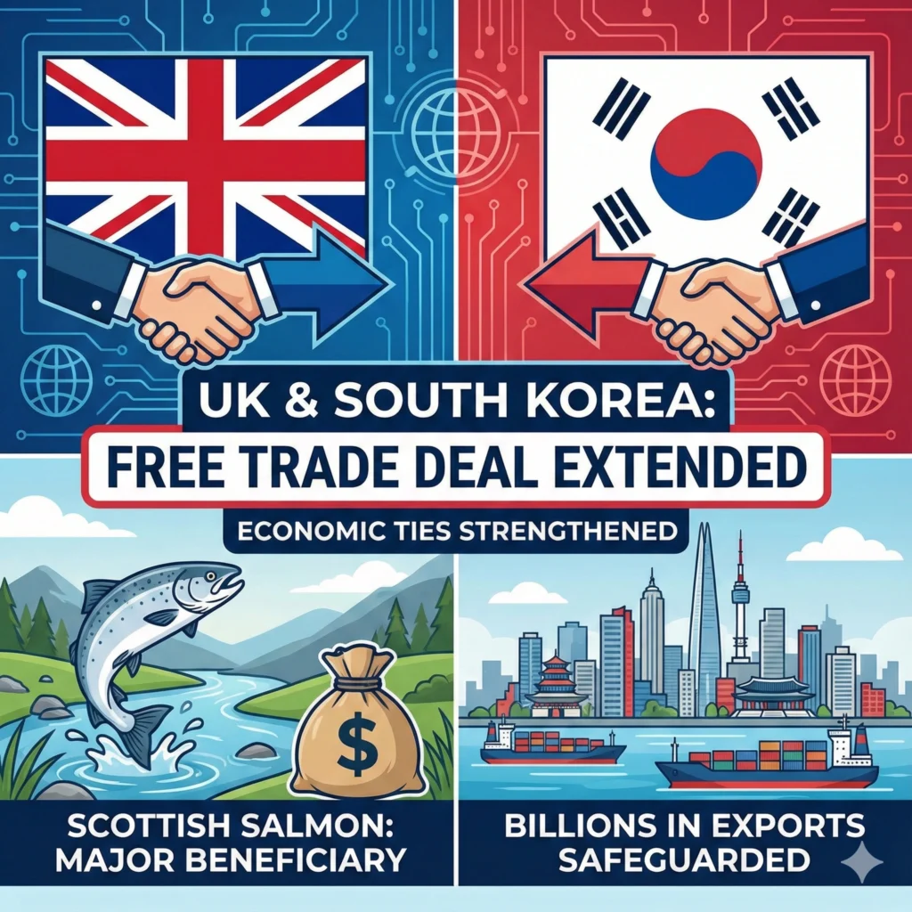 UK South Korea trade deal extended, securing tariff-free access and benefiting Scottish salmon, automotive, and pharmaceutical exports.