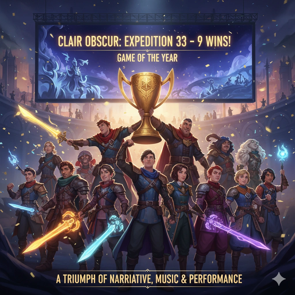 French RPG Expedition 33: Clair Obscur dominates Game Awards 2025, winning nine trophies including Game of the Year, praised for its story, music, and turn-based combat.