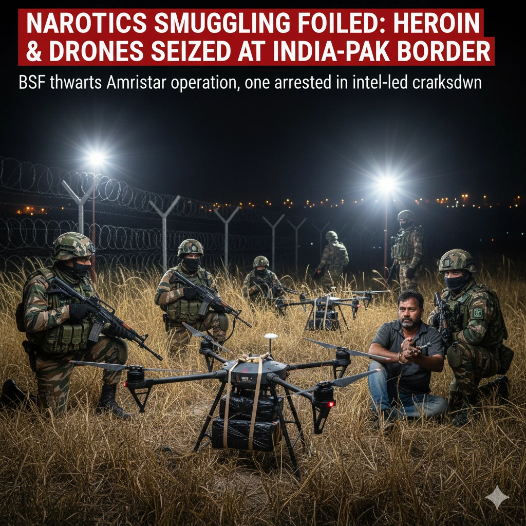 BSF intercepts multiple drug smuggling attempts near the Amritsar border, seizing heroin and drones in intelligence-led operations. One suspect arrested.