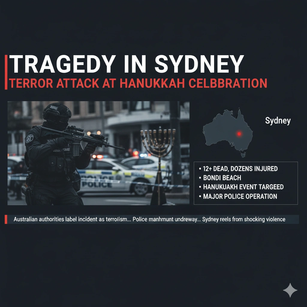 Bondi Beach shooting kills 12 and injures 29 during a Hanukkah celebration in Sydney. Authorities label it a terror attack and continue investigation.