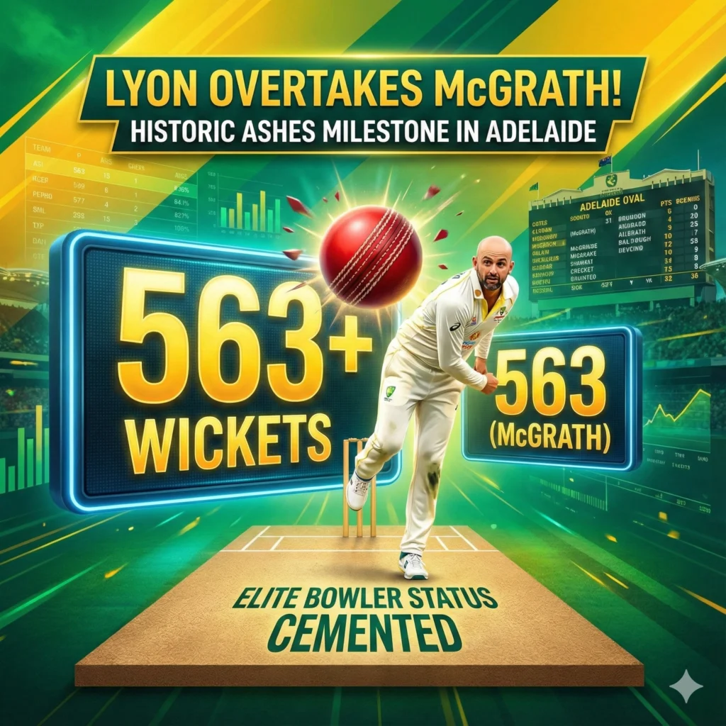 Nathan Lyon record confirmed as the off-spinner surpasses Glenn McGrath’s tally, cementing his legacy in Australian cricket and the Ashes series.