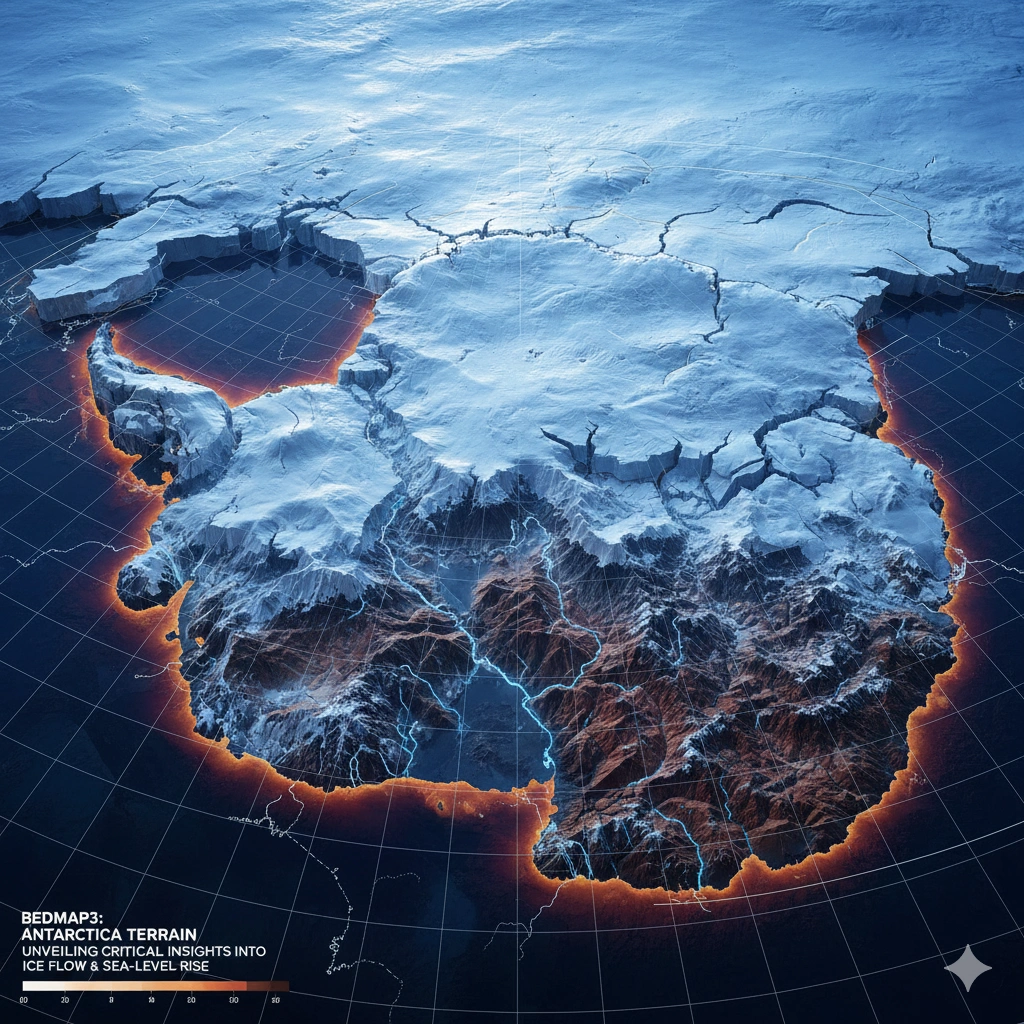 Antarctica hidden landscape map 2025 shows mountains, canyons, and waterways under 27 million km³ of ice, aiding climate and sea-level predictions.