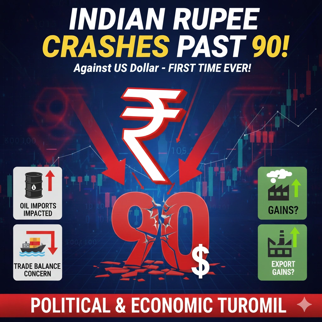Indian rupee slides past 90 against the US dollar, raising concerns over inflation, oil imports, and trade balance despite potential export gains.