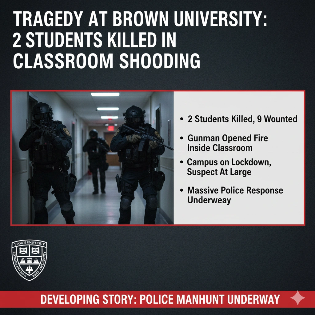 A deadly Brown University shooting left two students dead and nine injured after a gunman opened fire in a classroom. Police have launched a campus-wide manhunt.