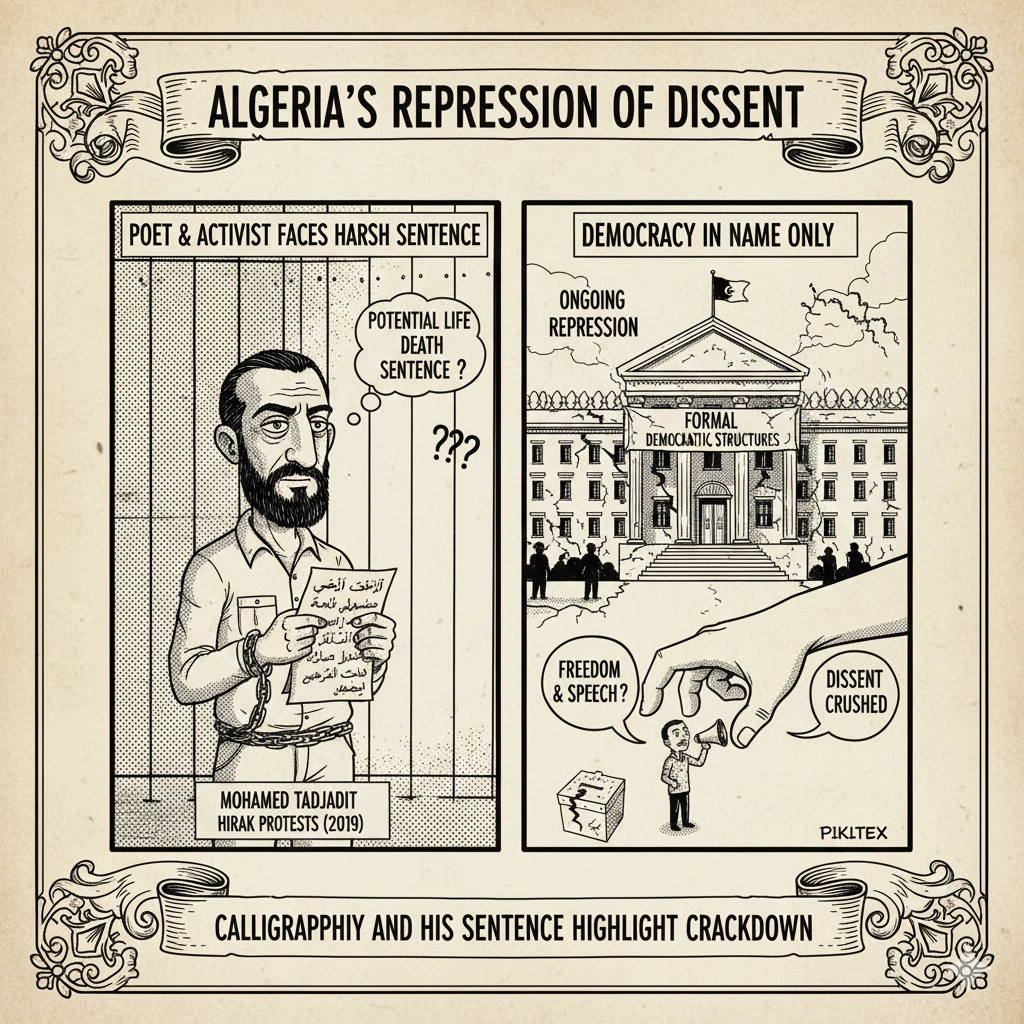 Mohamed Tadjadit, a poet of Algeria’s Hirak movement, faces a possible life sentence as authorities intensify repression of dissent.