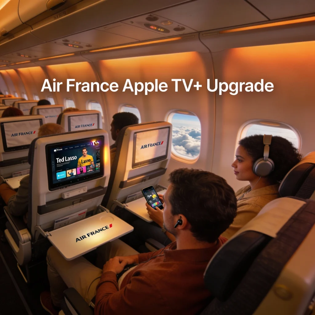 Air France Apple TV+ partnership brings 45+ hours of premium streaming, 4K screens, Bluetooth & Wi-Fi—redefining long-haul flights.