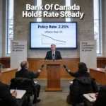 Bank of Canada interest rates hold at 2.25%, raising market concerns as U.S. tariffs, trade risks, and slow growth challenge Canada’s economy.