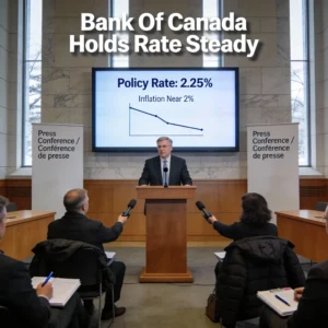 Bank of Canada interest rates hold at 2.25%, raising market concerns as U.S. tariffs, trade risks, and slow growth challenge Canada’s economy.