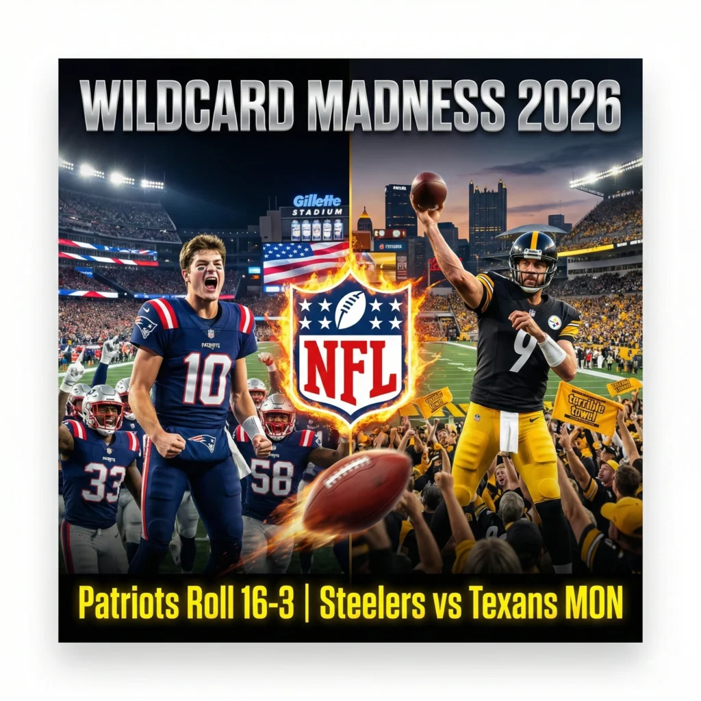 NFL Wildcard Thrillers 2026: Patriots dominate Chargers, Bills edge Jaguars, 49ers beat Eagles. Rodgers’ Steelers face Texans Monday in playoff clash.