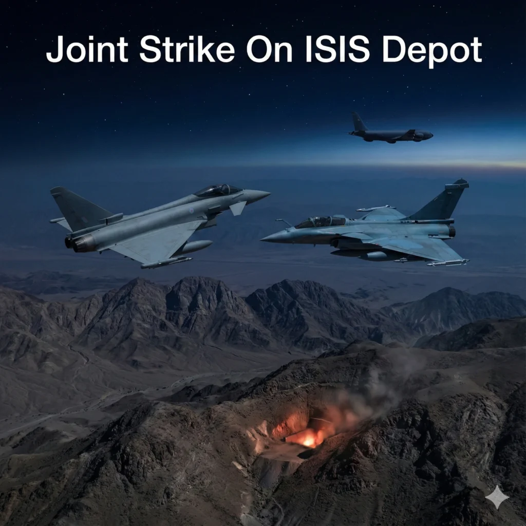 UK-France airstrikes on ISIS bunker near Palmyra destroy suspected weapons depot in Syria. Joint RAF–French strike targets Daesh resurgence.