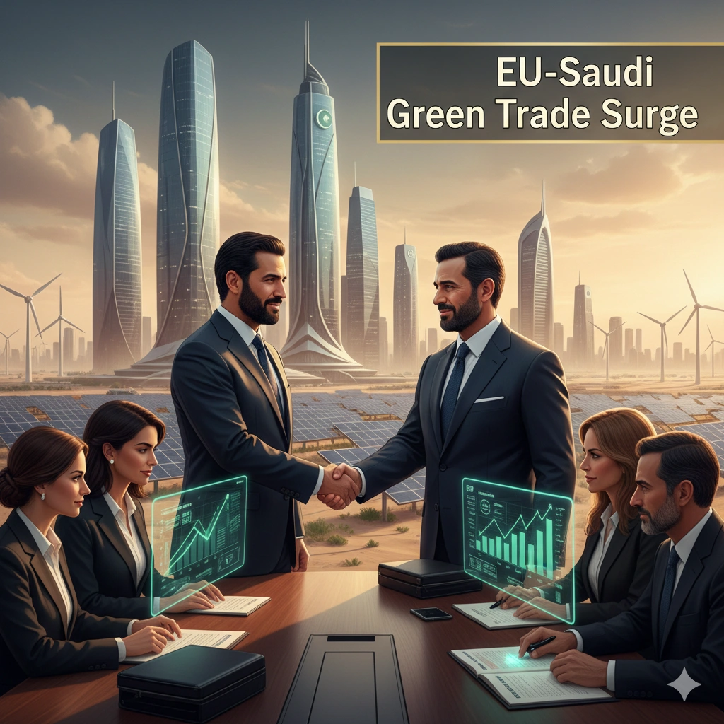 EU-Saudi green energy boom drives €90B trade, clean energy investment, and free trade revival shaping Gulf markets in 2026.