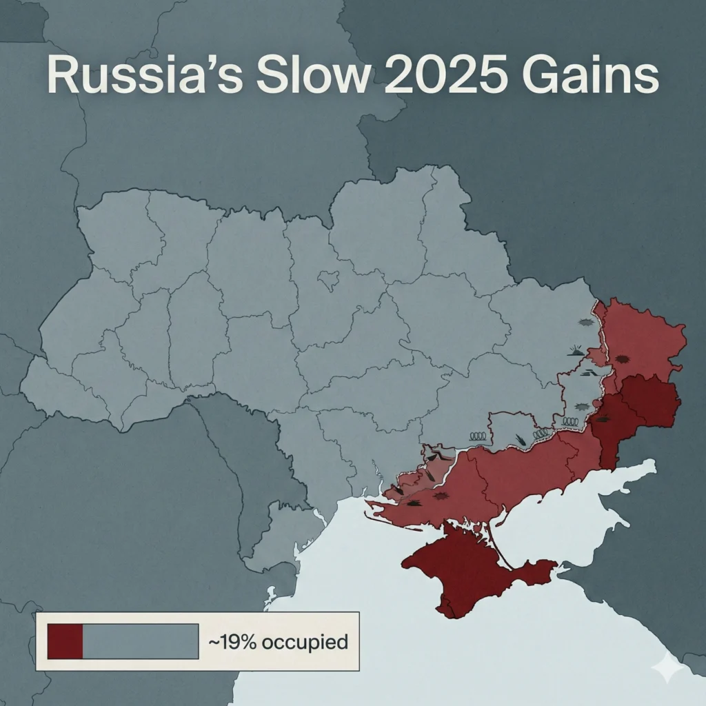 Russia Ukraine territorial gains slowed in 2025, with Donetsk seeing the largest advances as Moscow strengthens control over key regions.