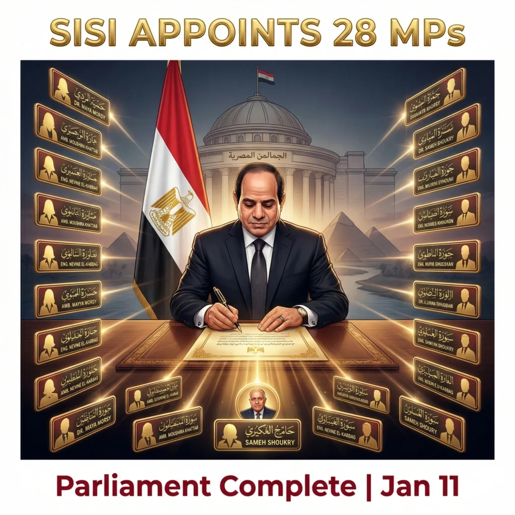 Names of appointed members of Egypt’s Parliament as Sisi confirms 28 MPs in 2026, including ex-Foreign Minister Sameh Shoukry.