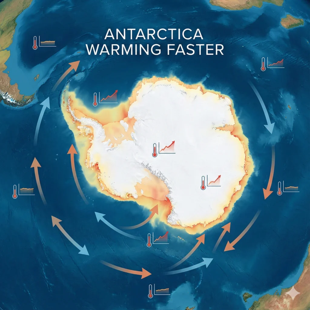 Antarctica warming faster than expected, with study revealing 1.4× faster warming than Southern Hemisphere average.
