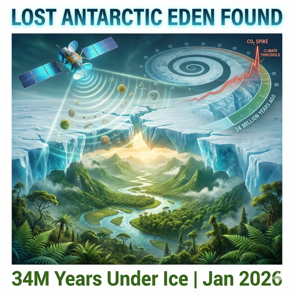 Discover the 34-million-year-old Antarctic Eden frozen under 2km of ice, revealing ancient rivers, mountains, and vital climate clues.