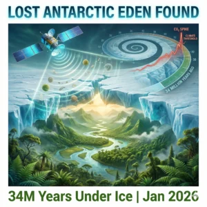 Discover the 34-million-year-old Antarctic Eden frozen under 2km of ice, revealing ancient rivers, mountains, and vital climate clues.