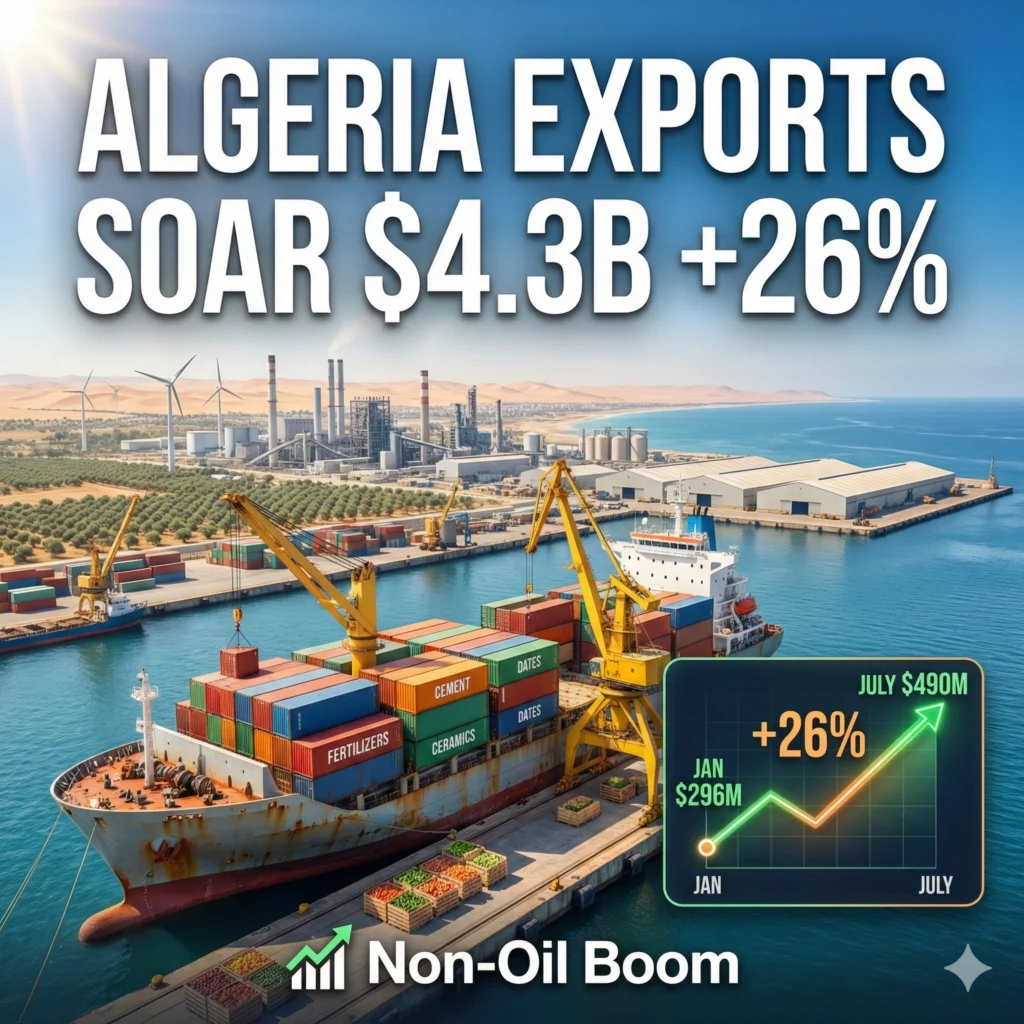 Algeria’s non-hydrocarbon exports surged 26% to $4.3 billion in nine months, marking a record push to reduce reliance on oil revenues.