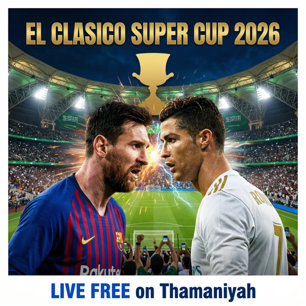 Barcelona vs Real Madrid clash in the 2026 Spanish Super Cup final. Watch free live streaming on Thamaniyah with full match coverage.