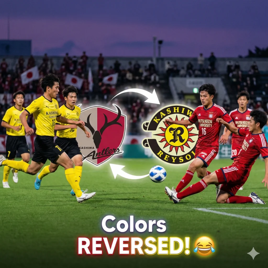 High School Soccer Semis goes viral as Kashima Gakuen and Ryutsu Keizai Kashiwa flip J.League colors, delighting fans with a hilarious mix-up.