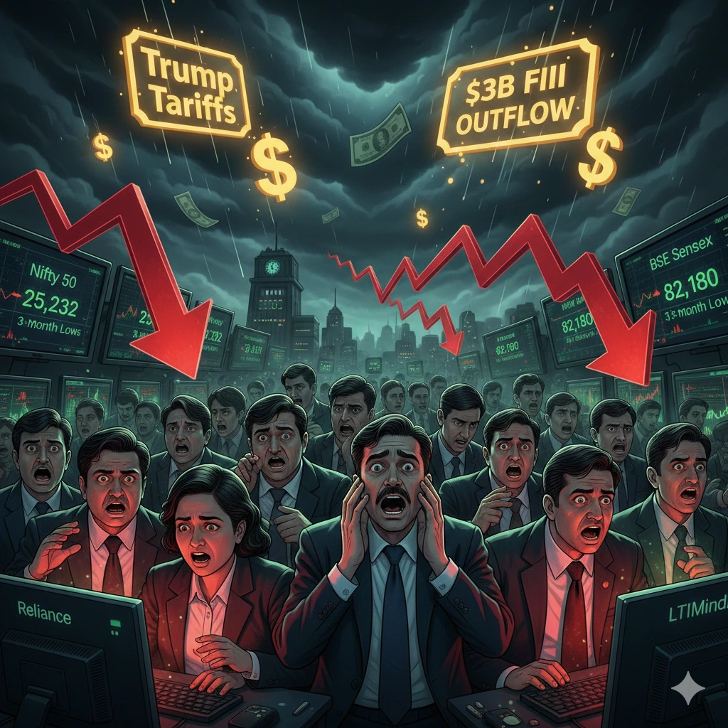 Indian stocks plunge to 3-month lows as IT giants, Reliance slide and foreign investors dump $3B amid global trade fears.