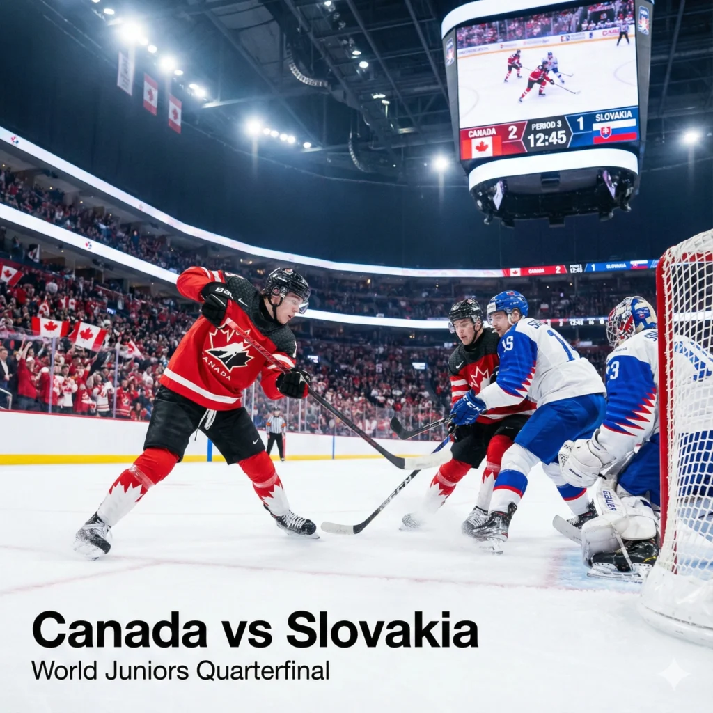 Canada World Juniors dominate Slovakia 7–1 in quarterfinals, aiming for a third straight playoff win and medal finish in 2026.