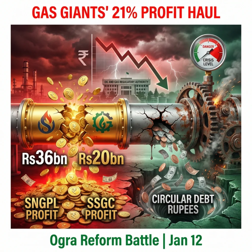 Pakistan gas giants rake 21% profits as Ogra reviews fixed-return pricing. Rs56bn earnings spark reform calls and circular debt fears.