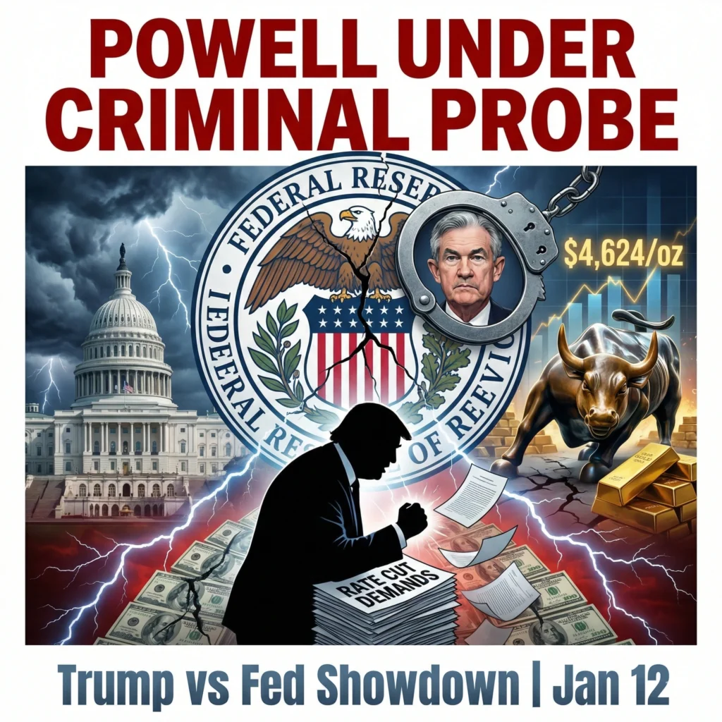 DOJ criminal probe into Fed Chair Powell shocks markets as Trump blasts $2.5B Fed HQ renovations; gold surges $4,624 amid political turmoil.