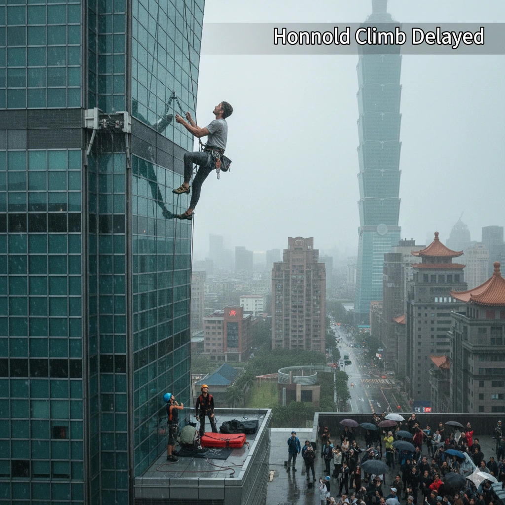 Alex Honnold free solo climb of Taipei 101 postponed due to rain as organizers and Netflix prioritize safety.