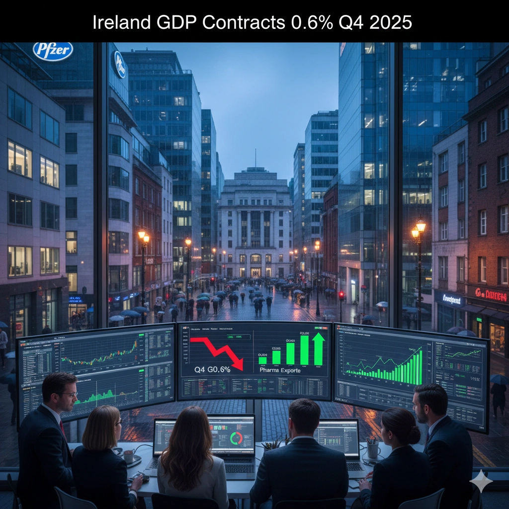 Ireland GDP shrinks 0.6% in Q4 2025 as pharma export volatility hits growth, while domestic demand remains steady, data shows.