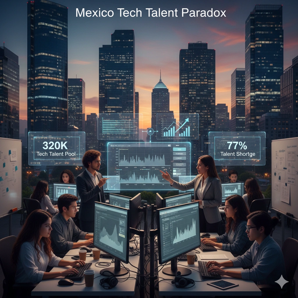 Mexico's tech boom with 320K workers hides a 77% IT skills gap—70% employers can't find consultative talent.