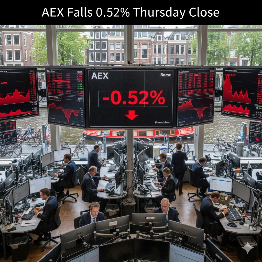 AEX dips 0.52% as 6 major stocks led losses in oil, finance, and industrial sectors. Shell, ING, and ABN AMRO hit hardest.