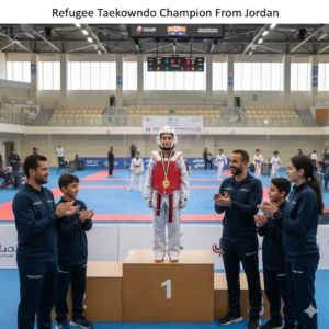 Syrian refugee taekwondo prodigy Ilham Al-Sheikh wins gold at Fujairah Open, highlighting resilience, 1 major victory, and hope for refugee athletes.