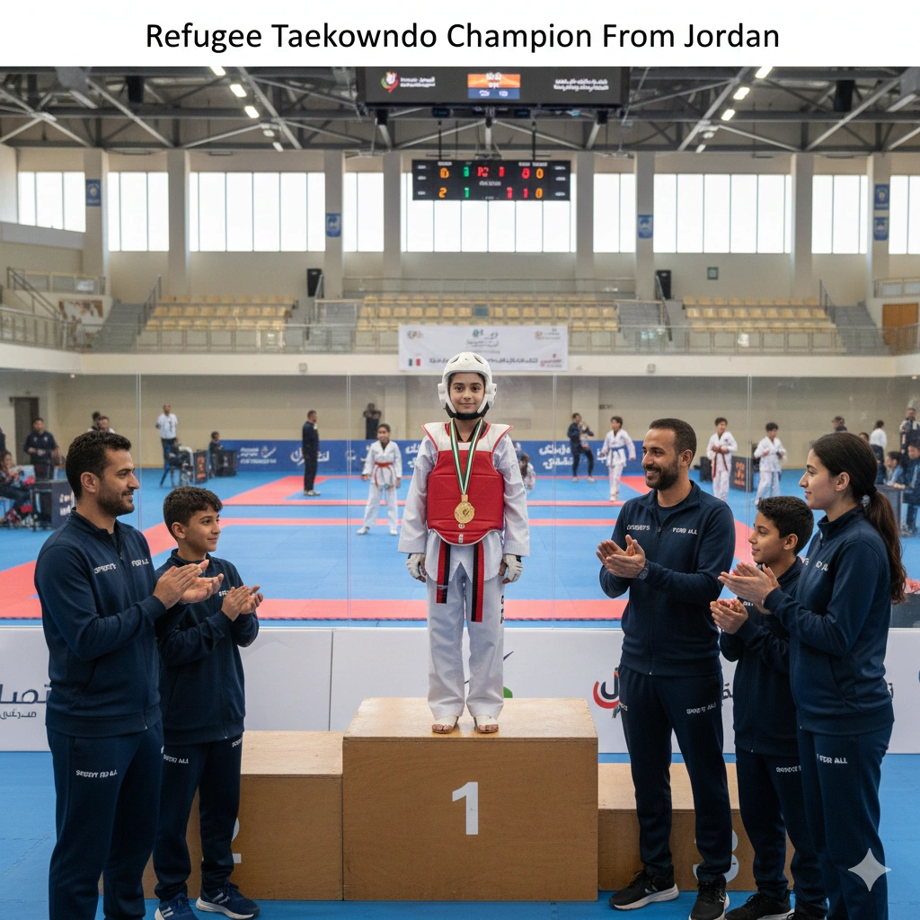 Syrian refugee taekwondo prodigy Ilham Al-Sheikh wins gold at Fujairah Open, highlighting resilience, 1 major victory, and hope for refugee athletes.